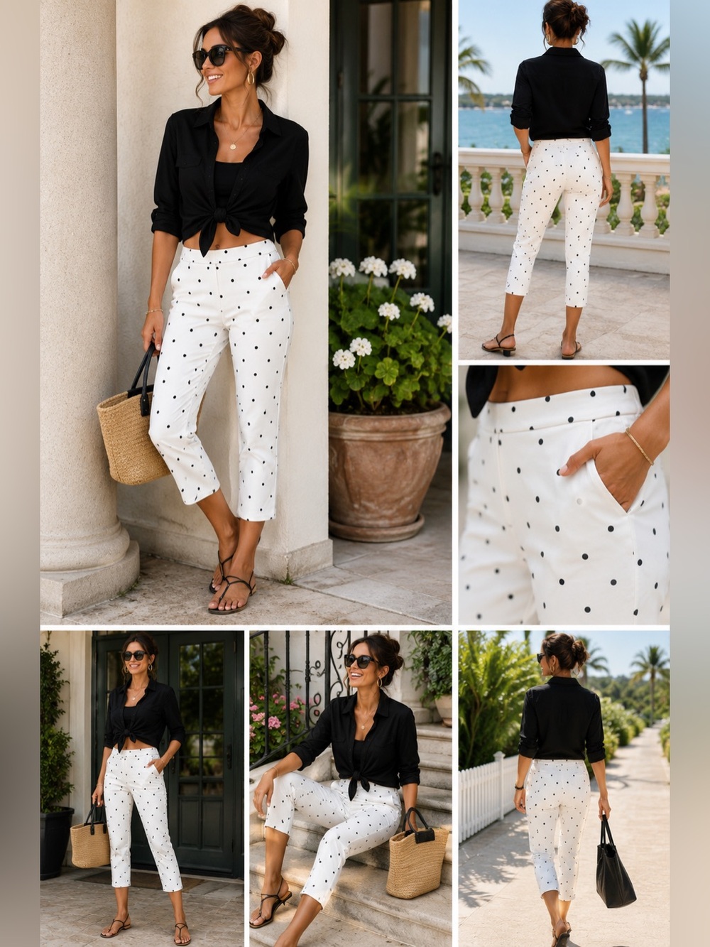 Jones & Co White Black Polka Dot Stretch Capri Pants Size 6 Pockets